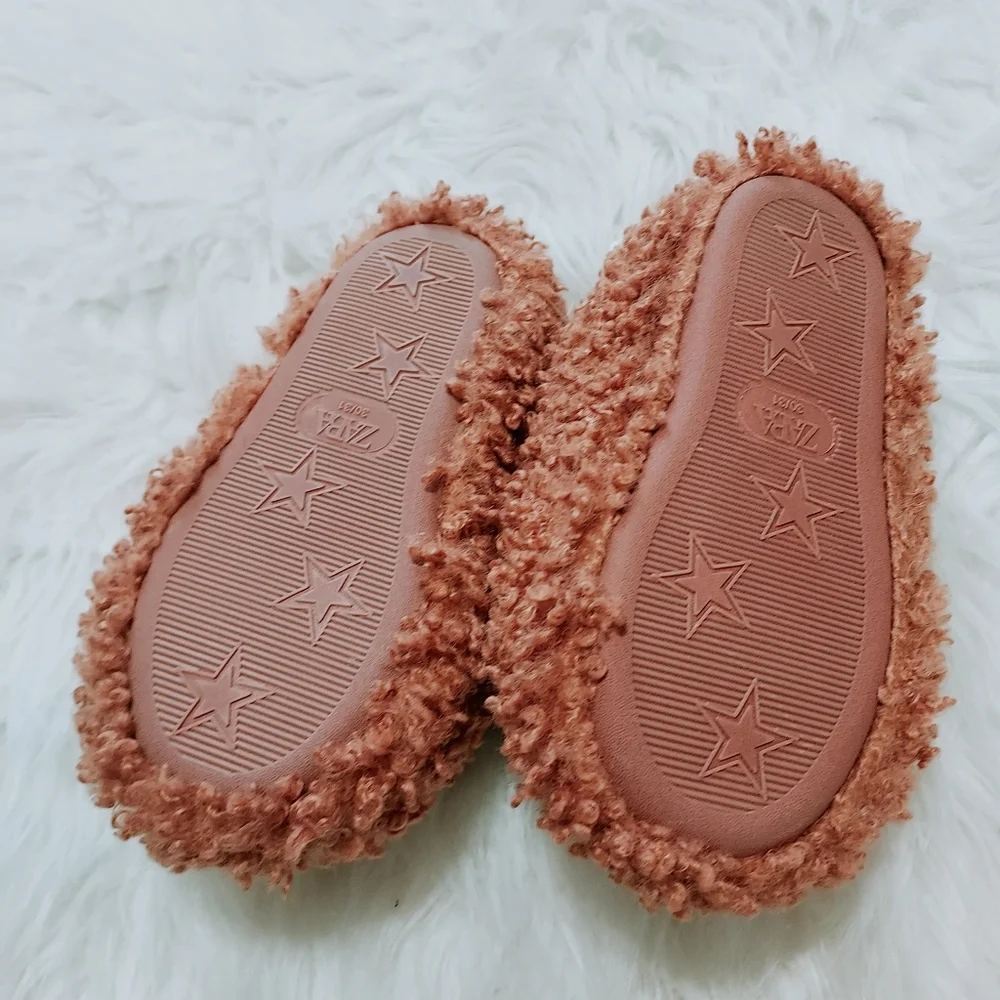 Zara Cozy Kids Teddy Fuzzy Sherpa Slippers Burnt Orange Sz-13.5